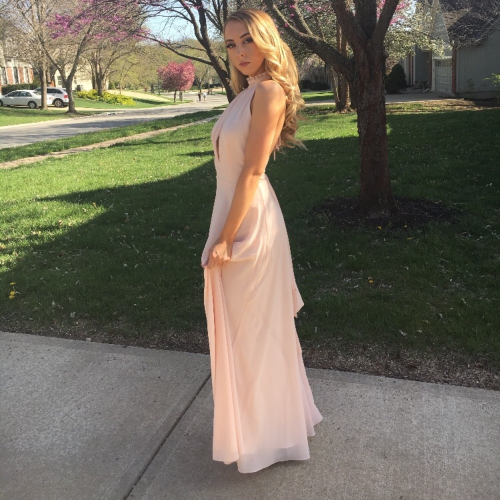 Baby Pink Ruffle Neck Halter Gown Prom Dress